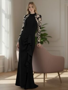 Betsy & Adam Black Long Sleeve Dress with Silver Embroidered Lace Sleeves